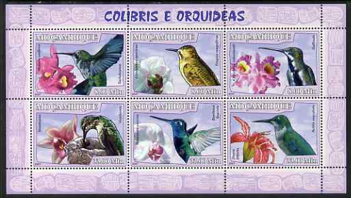 Mozambique 2007 Hummingbirds & Orchids perf sheetlet containing 6 values unmounted mint Yv 2378-83, stamps on , stamps on  stamps on birds, stamps on  stamps on humming birds, stamps on  stamps on orchids, stamps on  stamps on flowers, stamps on  stamps on hummingbirds