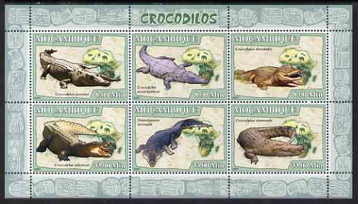 Mozambique 2007 Crocodiles perf sheetlet containing 6 values unmounted mint Yv 2384-89, stamps on , stamps on  stamps on amphibians, stamps on  stamps on animals, stamps on  stamps on crocodiles, stamps on  stamps on maps