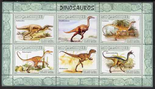 Mozambique 2007 Dinosaurs #1 perf sheetlet containing 6 values unmounted mint Yv 2396-2401, stamps on dinosaurs