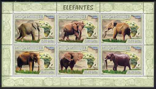 Mozambique 2007 Elephants perf sheetlet containing 6 values unmounted mint Yv 2408-13, stamps on animals, stamps on elephants, stamps on maps