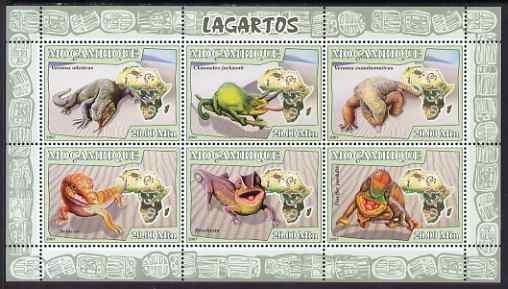 Mozambique 2007 Lizards perf sheetlet containing 6 values unmounted mint Yv 2426-31, stamps on , stamps on  stamps on reptiles, stamps on  stamps on lizards, stamps on  stamps on maps