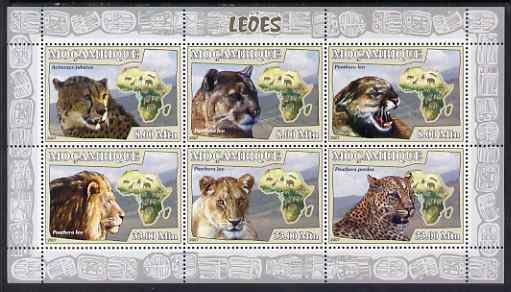 Mozambique 2007 Lions perf sheetlet containing 6 values unmounted mint Yv 2432-37, stamps on cats, stamps on lions, stamps on leopards, stamps on cheetahs, stamps on maps