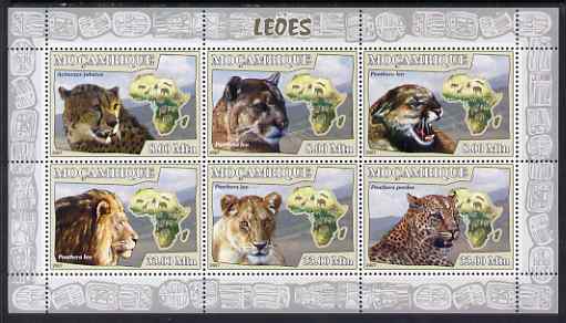 Mozambique 2007 Lions perf sheetlet containing 6 values unmounted mint Yv 2432-37, stamps on , stamps on  stamps on cats, stamps on  stamps on lions, stamps on  stamps on leopards, stamps on  stamps on cheetahs, stamps on  stamps on maps