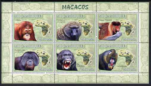 Mozambique 2007 Apes perf sheetlet containing 6 values unmounted mint Yv 2438-43, stamps on , stamps on  stamps on animals, stamps on  stamps on apes, stamps on  stamps on primates, stamps on  stamps on maps