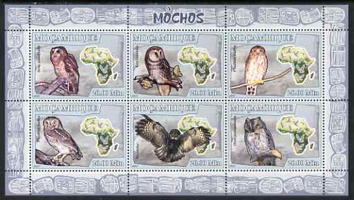 Mozambique 2007 Owls perf sheetlet containing 6 values unmounted mint Yv 2456-61, stamps on , stamps on  stamps on birds, stamps on  stamps on birds of prey, stamps on  stamps on owls, stamps on  stamps on maps