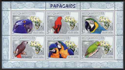 Mozambique 2007 Parrots perf sheetlet containing 6 values unmounted mint Yv 2468-73, stamps on birds, stamps on parrots, stamps on maps