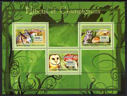 Guinea - Conakry 2007 Owls & Fungi perf sheetlet containing 3 values unmounted mint Yv 2915-17, stamps on , stamps on  stamps on birds, stamps on  stamps on birds of prey, stamps on  stamps on owls, stamps on  stamps on fungi