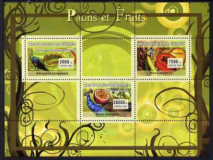 Guinea - Conakry 2007 Peacocks & Fruit perf sheetlet containing 3 values unmounted mint Yv 2921-23, stamps on peacocks, stamps on fruit