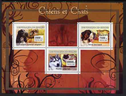 Guinea - Conakry 2007 Cats & Dogs perf sheetlet containing 3 values unmounted mint Yv 2924-26, stamps on , stamps on  stamps on cats, stamps on  stamps on dogs, stamps on  stamps on st bernard, stamps on  stamps on husky, stamps on  stamps on cocker spaniel