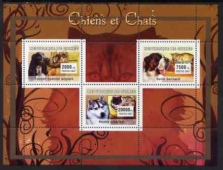 Guinea - Conakry 2007 Cats & Dogs perf sheetlet containing 3 values unmounted mint Yv 2924-26, stamps on cats, stamps on dogs, stamps on st bernard, stamps on husky, stamps on cocker spaniel