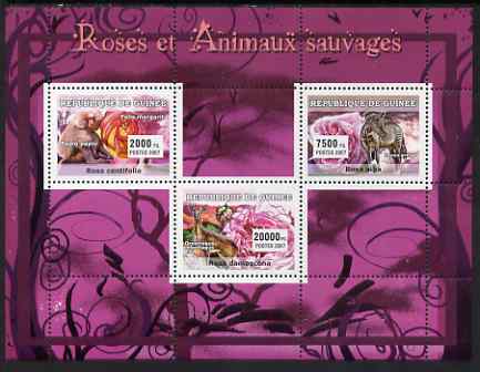 Guinea - Conakry 2007 Roses & Wild Animals perf sheetlet containing 3 values unmounted mint Yv 2930-32, stamps on , stamps on  stamps on flowers, stamps on  stamps on roses, stamps on  stamps on animals, stamps on  stamps on zebra, stamps on  stamps on apes, stamps on  stamps on primates