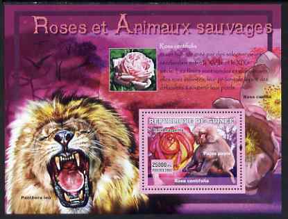 Guinea - Conakry 2007 Roses & Wild Animals perf souvenir sheet #1 unmounted mint Yv 534, stamps on , stamps on  stamps on flowers, stamps on  stamps on roses, stamps on  stamps on animals, stamps on  stamps on lions, stamps on  stamps on apes, stamps on  stamps on primates