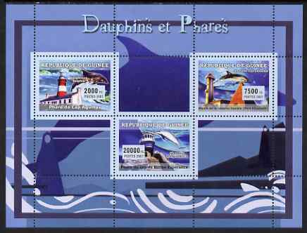 Guinea - Conakry 2007 Dolphins & Lighthouses perf sheetlet containing 3 values unmounted mint Yv 2936-38, stamps on dolphins, stamps on lighthouses