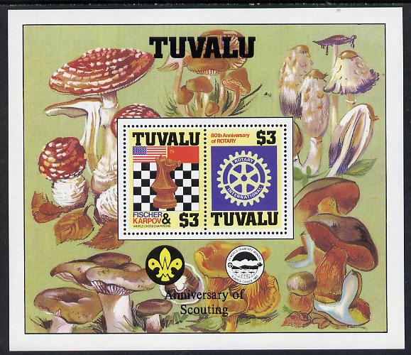 Tuvalu 1986 Events perf m/sheet showing Chess, Rotary, Scout Anniversary with decoative border (Fungi) unmounted mint as SG MS 376, stamps on , stamps on  stamps on chess, stamps on  stamps on rotary, stamps on  stamps on scouts, stamps on  stamps on fungi