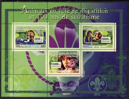 Guinea - Conakry 2007 Endangered Animals & Scouts perf sheetlet containing 3 values unmounted mint Yv 2966-68, stamps on animals, stamps on scouts