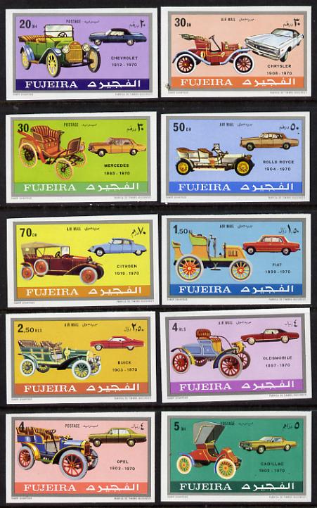 Fujeira 1970 Cars (Old & new) imperf set of 10 unmounted mint (Mi 608-17B) , stamps on cars    rolls-royce    fiat   mercedes    citroen    opel    oldsmobile    buick   cadillac    chevrolet    chrysler