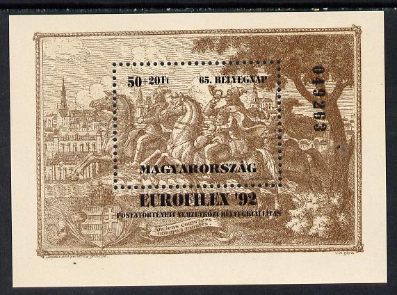 Hungary 1992 'Europhilex 92' m/sheet (Engraving) dark brown original printing, Mi BL 221 , stamps on arts   postal      engravings