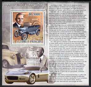 St Thomas & Prince Islands 2007 History of Cars - Henry Ford perf deluxe s/sheet containing 1 value unmounted mint , stamps on cars, stamps on personalities, stamps on ford
