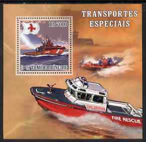 St Thomas & Prince Islands 2007 Special Transport - Fire Boat Rescue perf deluxe s/sheet containing 1 value unmounted mint , stamps on red cross, stamps on transport, stamps on fire, stamps on ships, stamps on rescue