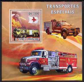 St Thomas & Prince Islands 2007 Special Transport - Fire Truck Rescue perf deluxe s/sheet containing 1 value unmounted mint , stamps on red cross, stamps on transport, stamps on fire, stamps on 