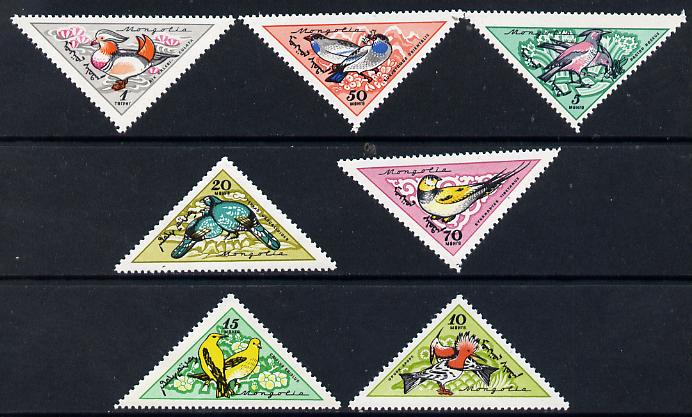 Mongolia 1961 Songbirds triangular set of 7 unmounted mint, SG 203-9, stamps on , stamps on  stamps on birds     triangulars    starling    hoopoe    oriole     capercali    roller     sand grouse    mandarin