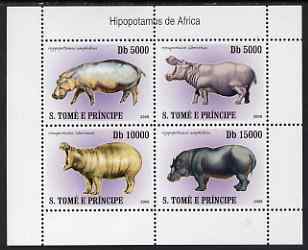St Thomas & Prince Islands 2007 Hippopotamus perf sheetlet containing 4 values unmounted mint, stamps on animals, stamps on hippos