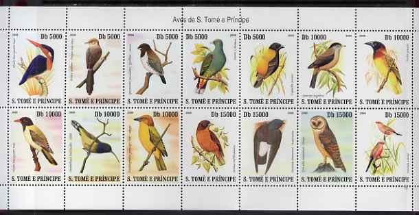 St Thomas & Prince Islands 2007 Birds perf sheetlet containing 14 values unmounted mint (folded through perfs), stamps on , stamps on  stamps on birds, stamps on  stamps on birds of prey, stamps on  stamps on owls