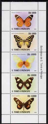 St Thomas & Prince Islands 2007 Butterflies perf sheetlet containing 5 values unmounted mint, stamps on , stamps on  stamps on butterflies