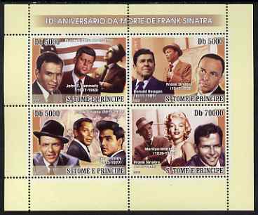 St Thomas & Prince Islands 2008 10th Death Anniversary of Frank Sinatra perf sheetlet containing 4 values unmounted mint, stamps on personalities, stamps on music, stamps on films, stamps on movies, stamps on sinatra, stamps on kennedy, stamps on elvis, stamps on marilyn, stamps on monroe
