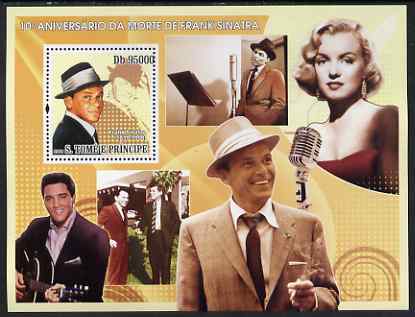 St Thomas & Prince Islands 2008 10th Death Anniversary of Frank Sinatra perf s/sheet containing 1 value unmounted mint, stamps on personalities, stamps on music, stamps on films, stamps on movies, stamps on sinatra, stamps on kennedy, stamps on elvis, stamps on marilyn, stamps on monroe