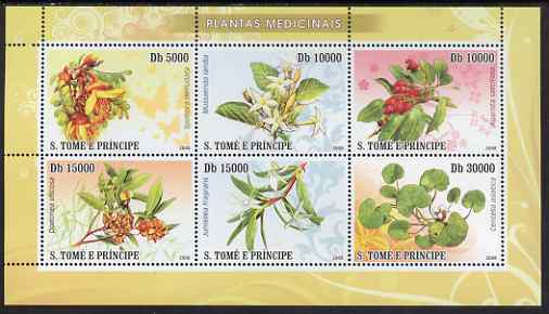 St Thomas & Prince Islands 2008 Medicinal Plants perf sheetlet containing 6 values unmounted mint, stamps on flowers, stamps on medical