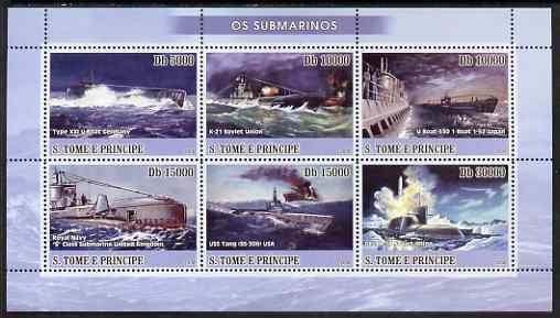 St Thomas & Prince Islands 2008 Submarines perf sheetlet containing 6 values unmounted mint, stamps on , stamps on  stamps on ships, stamps on  stamps on submarines, stamps on  stamps on fire