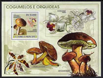 St Thomas & Prince Islands 2008 Mushrooms & Orchids perf s/sheet containing 1 value unmounted mint, stamps on , stamps on  stamps on flowers, stamps on  stamps on fungi, stamps on  stamps on orchids