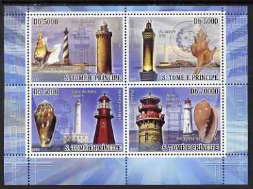 St Thomas & Prince Islands 2008 Lighthouses & Shells perf sheetlet containing 4 values unmounted mint, stamps on lighthouses, stamps on shells, stamps on marine life