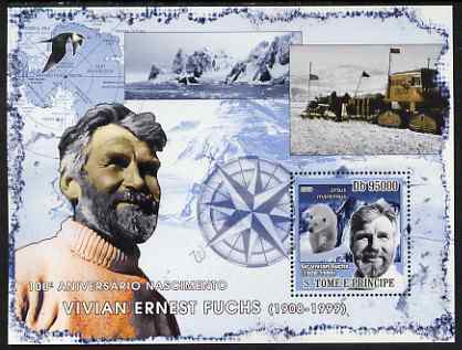 St Thomas & Prince Islands 2008 Vivian Fuchs perf s/sheet containing 1 value unmounted mint, stamps on , stamps on  stamps on personalities, stamps on  stamps on polar, stamps on  stamps on explorers, stamps on  stamps on birds, stamps on  stamps on bears, stamps on  stamps on 