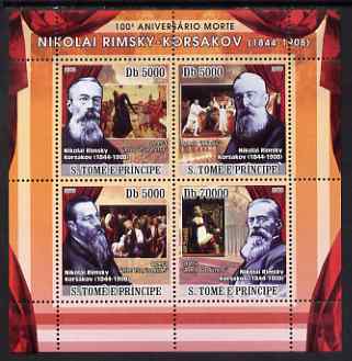 St Thomas & Prince Islands 2008 Death Centenary of Rimsky-Korsakov perf sheetlet containing 4 values unmounted mint, stamps on personalities, stamps on music, stamps on composers, stamps on opera, stamps on rimsky-korsakov