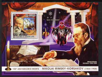 St Thomas & Prince Islands 2008 Death Centenary of Rimsky-Korsakov perf s/sheet containing 1 value unmounted mint, stamps on , stamps on  stamps on personalities, stamps on  stamps on music, stamps on  stamps on composers, stamps on  stamps on opera, stamps on  stamps on rimsky-korsakov