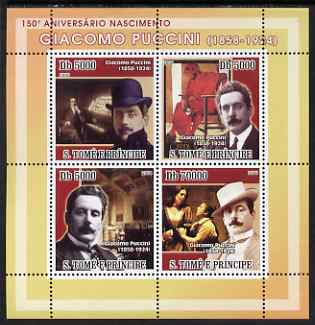 St Thomas & Prince Islands 2008 150th Birth Anniversary of Puccini perf sheetlet containing 4 values unmounted mint, stamps on , stamps on  stamps on personalities, stamps on  stamps on music, stamps on  stamps on composers, stamps on  stamps on opera, stamps on  stamps on puccini