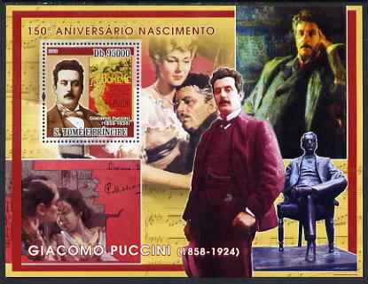St Thomas & Prince Islands 2008 150th Birth Anniversary of Puccini perf s/sheet containing 1 value unmounted mint, stamps on personalities, stamps on music, stamps on composers, stamps on opera, stamps on puccini