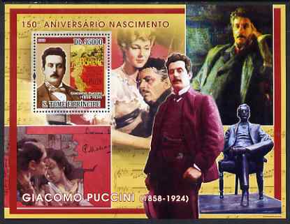 St Thomas & Prince Islands 2008 150th Birth Anniversary of Puccini perf s/sheet containing 1 value unmounted mint, stamps on , stamps on  stamps on personalities, stamps on  stamps on music, stamps on  stamps on composers, stamps on  stamps on opera, stamps on  stamps on puccini