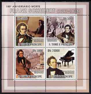 St Thomas & Prince Islands 2008 180th Death Anniversary of Schubert perf sheetlet containing 4 values unmounted mint, stamps on personalities, stamps on music, stamps on composers, stamps on schubert