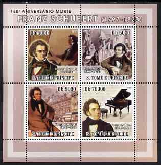 St Thomas & Prince Islands 2008 180th Death Anniversary of Schubert perf sheetlet containing 4 values unmounted mint, stamps on personalities, stamps on music, stamps on composers, stamps on schubert