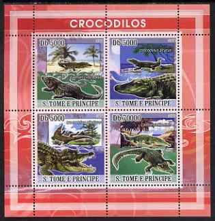 St Thomas & Prince Islands 2008 Crocodiles perf sheetlet containing 4 values unmounted mint, stamps on , stamps on  stamps on reptiles, stamps on  stamps on crocodiles, stamps on  stamps on amphibians