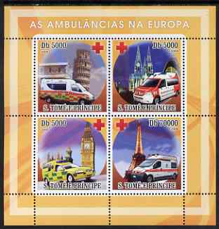 St Thomas & Prince Islands 2008 Ambulances of Europe - Red Cross perf sheetlet containing 4 values unmounted mint, stamps on medical, stamps on ambulances, stamps on red cross, stamps on trucks, stamps on london, stamps on eiffel tower, stamps on pisa