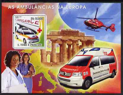 St Thomas & Prince Islands 2008 Ambulances of Europe - Red Cross perf s/sheet containing 1 value unmounted mint, stamps on , stamps on  stamps on medical, stamps on  stamps on ambulances, stamps on  stamps on red cross, stamps on  stamps on trucks, stamps on  stamps on aviation, stamps on  stamps on helicopters, stamps on  stamps on maps