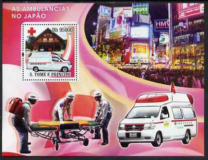 St Thomas & Prince Islands 2008 Ambulances of Japan - Red Cross perf s/sheet containing 1 value unmounted mint, stamps on , stamps on  stamps on medical, stamps on  stamps on ambulances, stamps on  stamps on red cross, stamps on  stamps on trucks, stamps on  stamps on 