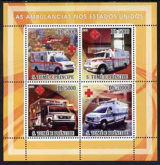 St Thomas & Prince Islands 2008 Ambulances of USA - Red Cross perf sheetlet containing 4 values unmounted mint, stamps on , stamps on  stamps on medical, stamps on  stamps on ambulances, stamps on  stamps on red cross, stamps on  stamps on trucks, stamps on  stamps on helicopters, stamps on  stamps on americana