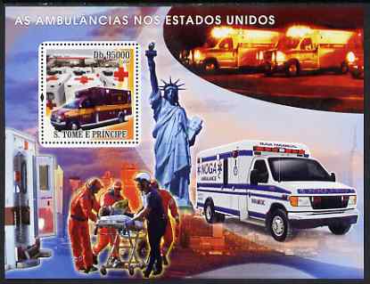 St Thomas & Prince Islands 2008 Ambulances of USA - Red Cross perf s/sheet containing 1 value unmounted mint, stamps on , stamps on  stamps on medical, stamps on  stamps on ambulances, stamps on  stamps on red cross, stamps on  stamps on trucks, stamps on  stamps on statue of liberty