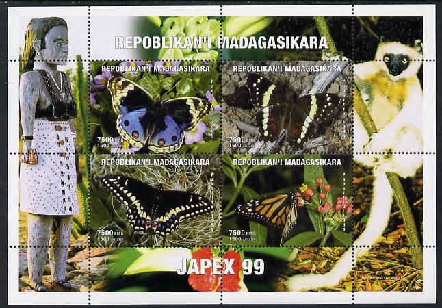 Madagascar 1999 Butterflies perf sheetlet containing 4 values with Japex 99 imprint in margin unmounted mint. Note this item is privately produced and is offered purely on its thematic appeal, stamps on , stamps on  stamps on stamp exhibitions, stamps on  stamps on butterflies, stamps on  stamps on monkeys, stamps on  stamps on apes