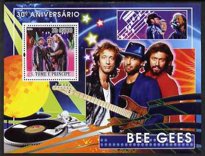 St Thomas & Prince Islands 2008 Bee Gees 30th Anniversary perf s/sheet containing 1 value unmounted mint, stamps on , stamps on  stamps on personalities, stamps on  stamps on music, stamps on  stamps on pops, stamps on  stamps on microphones